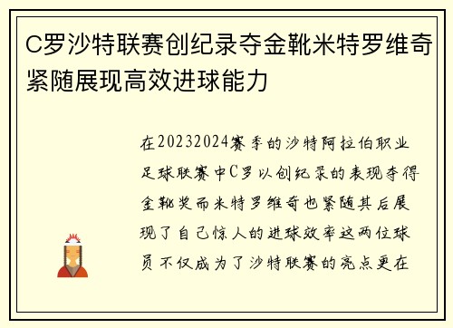 C罗沙特联赛创纪录夺金靴米特罗维奇紧随展现高效进球能力 C罗沙特联赛创纪录夺金靴米特罗维奇紧随展现高效进球能力